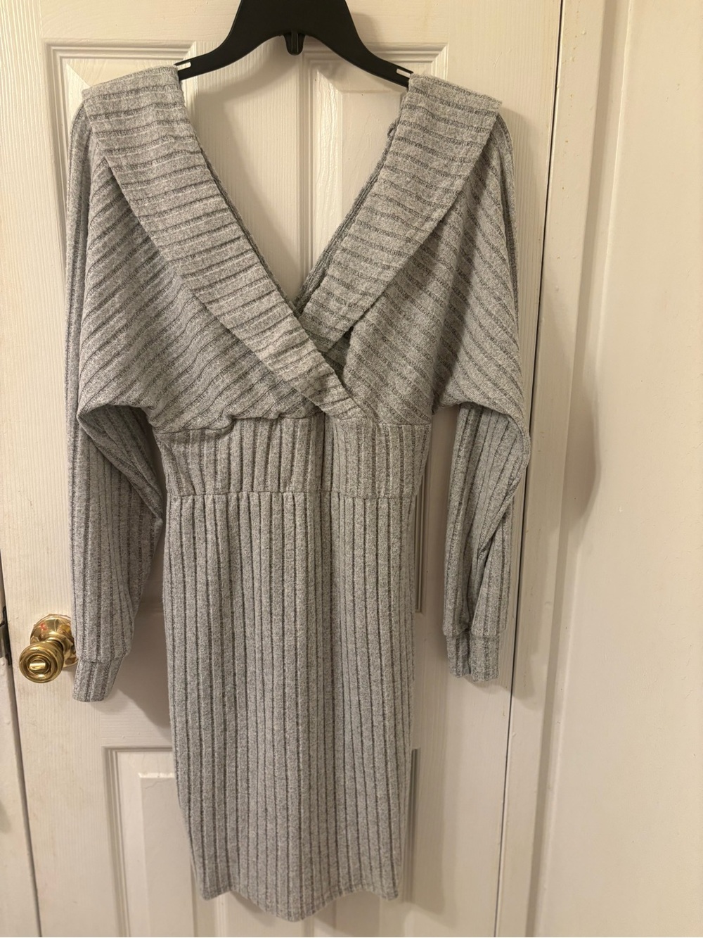 SHEIN Light Gray Ribbed V‑Neck Long Sleeve Sweater Dress